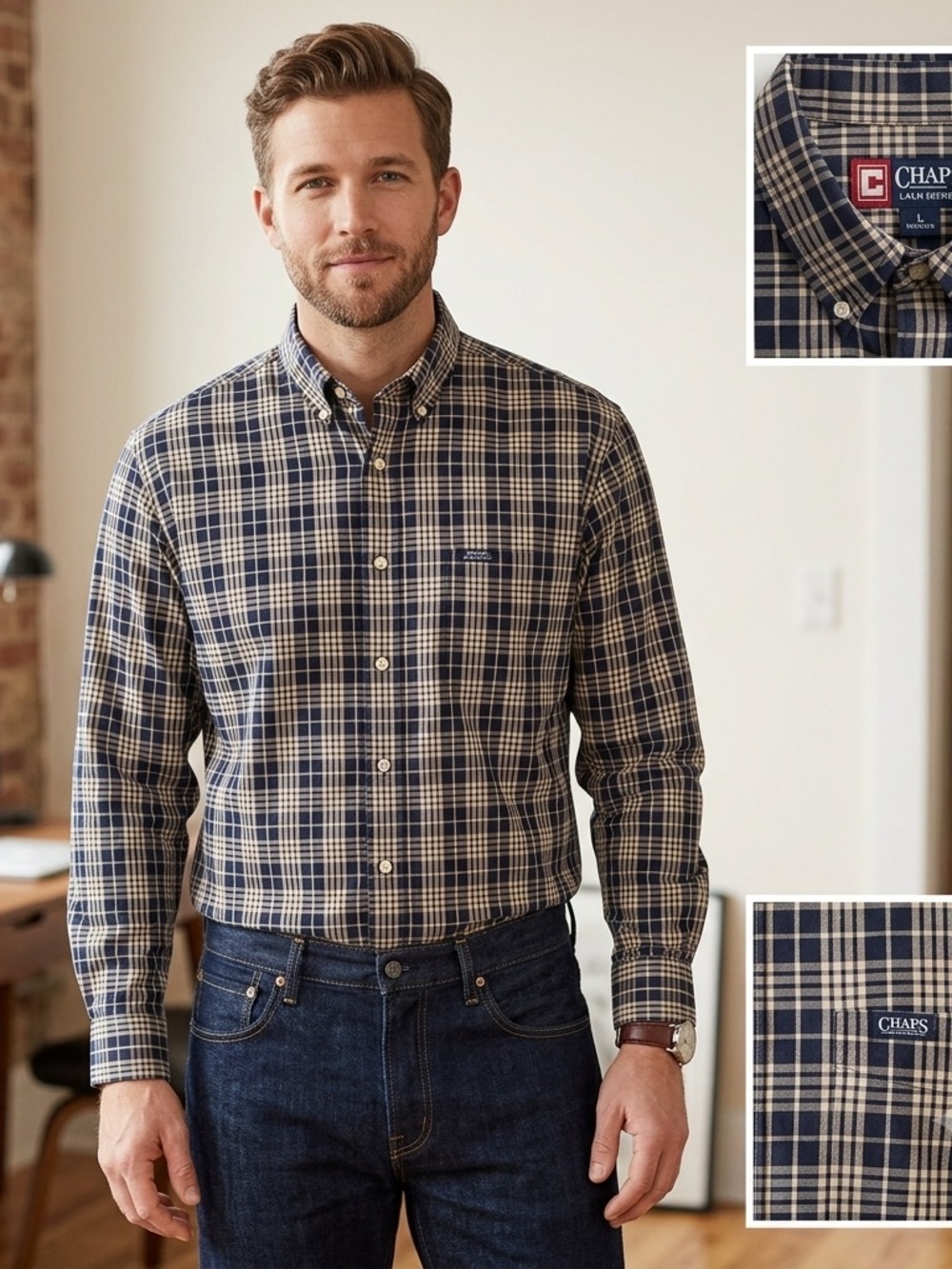 Vtg Chaps Ralph Lauren Men's Plaid Shirt Navy Beige Check Long Sleeve Size L